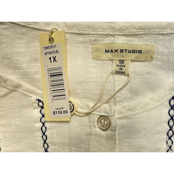 MAX STUDIO White Embroidered Flutter Sleeve Peasant Blouse Pullover 1X NEW - Picture 5 of 5